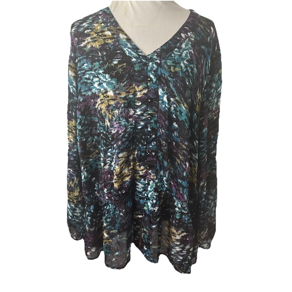 Teal Abstract Tunic Top Plus Size 3X V Neck Draped Hem Boho Fashion Bug